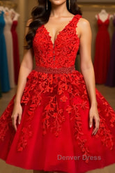 A Line V Neck Short Red Lace Prom Dresses, Short Red Lace Formal Homecoming Dresses